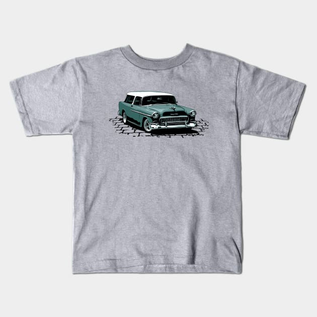 55 Chevy Nomad, Teal 1955 Chevrolet Bel Air Nomad hot rod Kids T-Shirt by ZoeysGarage